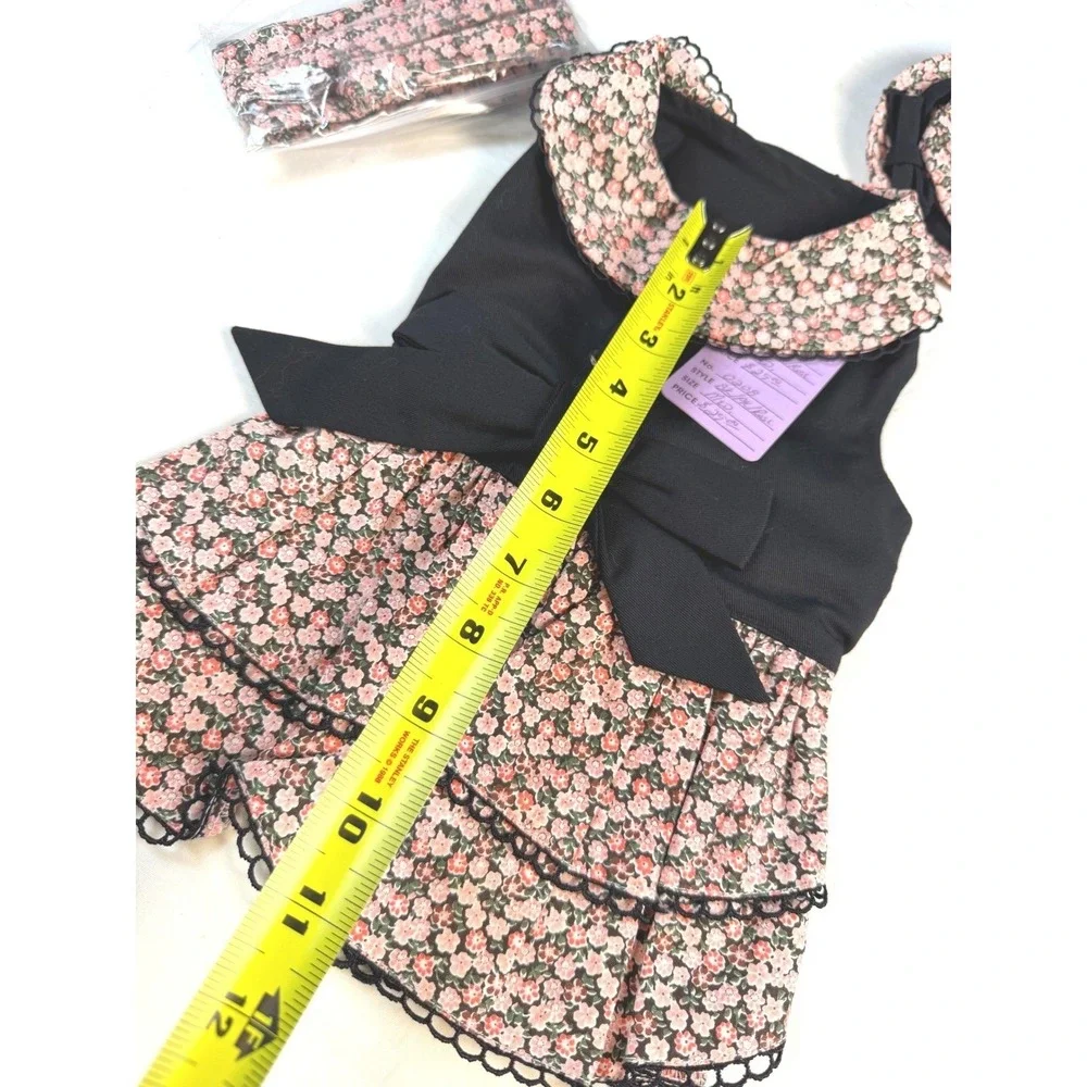 Pet Dress Set Med Black Pink Floral Sleeveless Hat Leash Outfit NWT